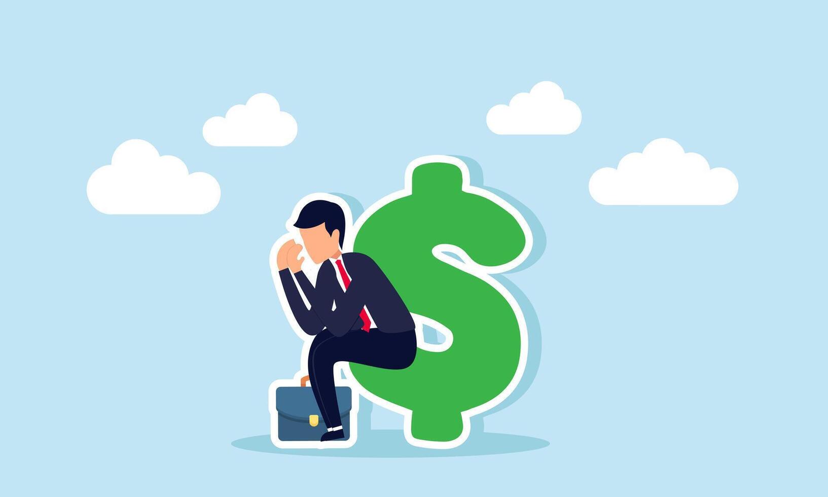 Unemployment causes financial problems debt, bankruptcy, and inability to pay mortgage or loans, concept of A depressed unemployed businessman sits with a large dollar bill vector