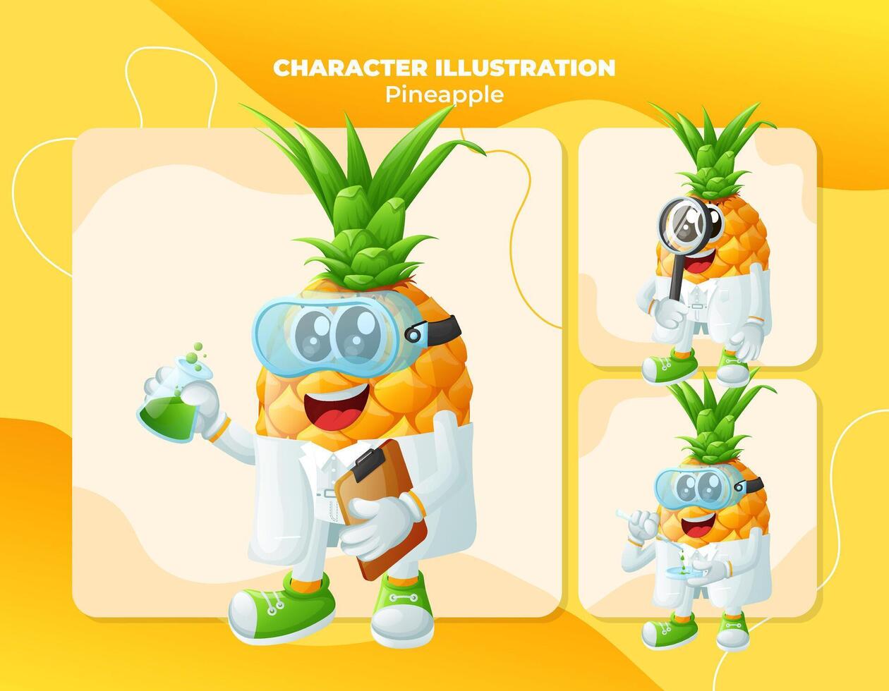Cute pineapple characters as scientists vector