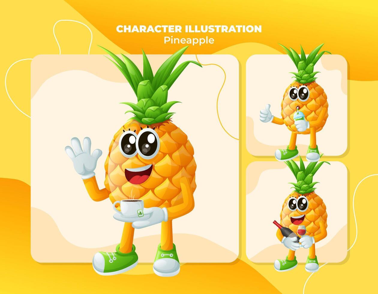 Cute pineapple characters enjoying beverages vector
