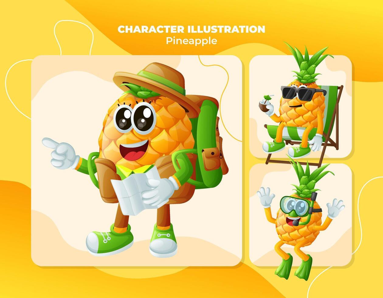 Cute pineapple characters on vacation vector
