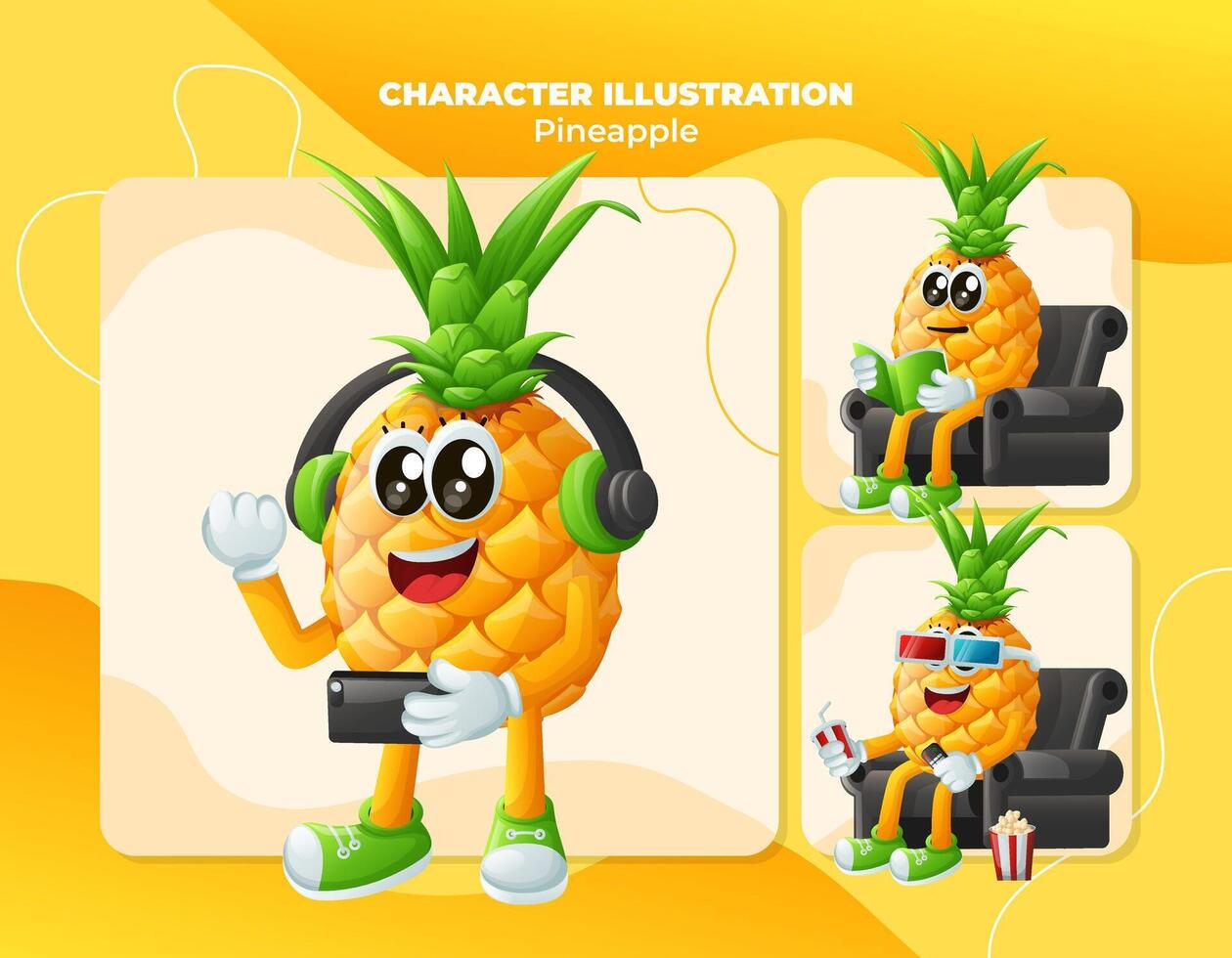 Cute pineapple characters enjoying leisure activities vector