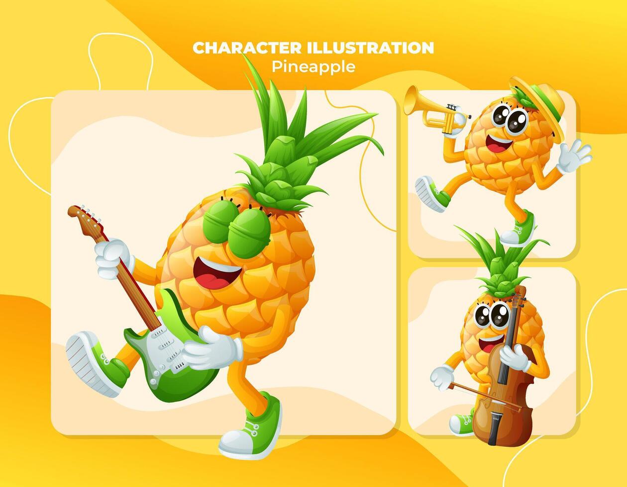 Cute pineapple characters playing musical instruments vector