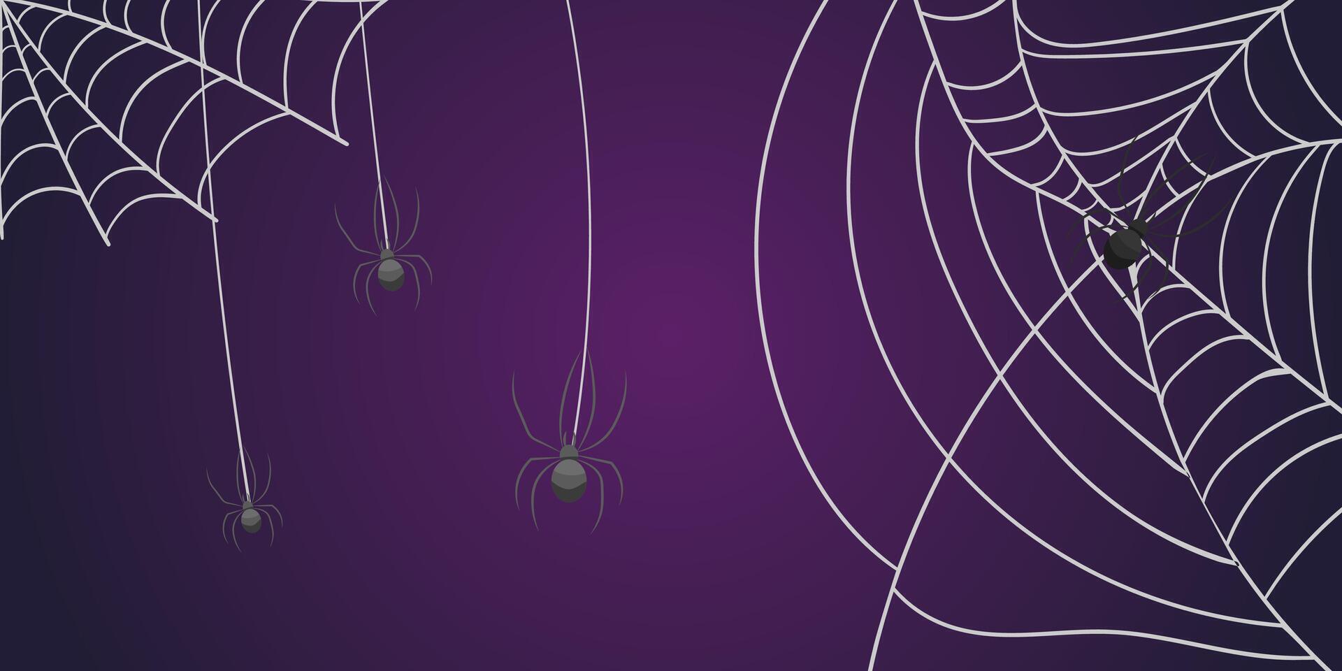 Cobweb with spiders on a purple background. image. Design elements. A template for Halloween. Halloween decor. vector