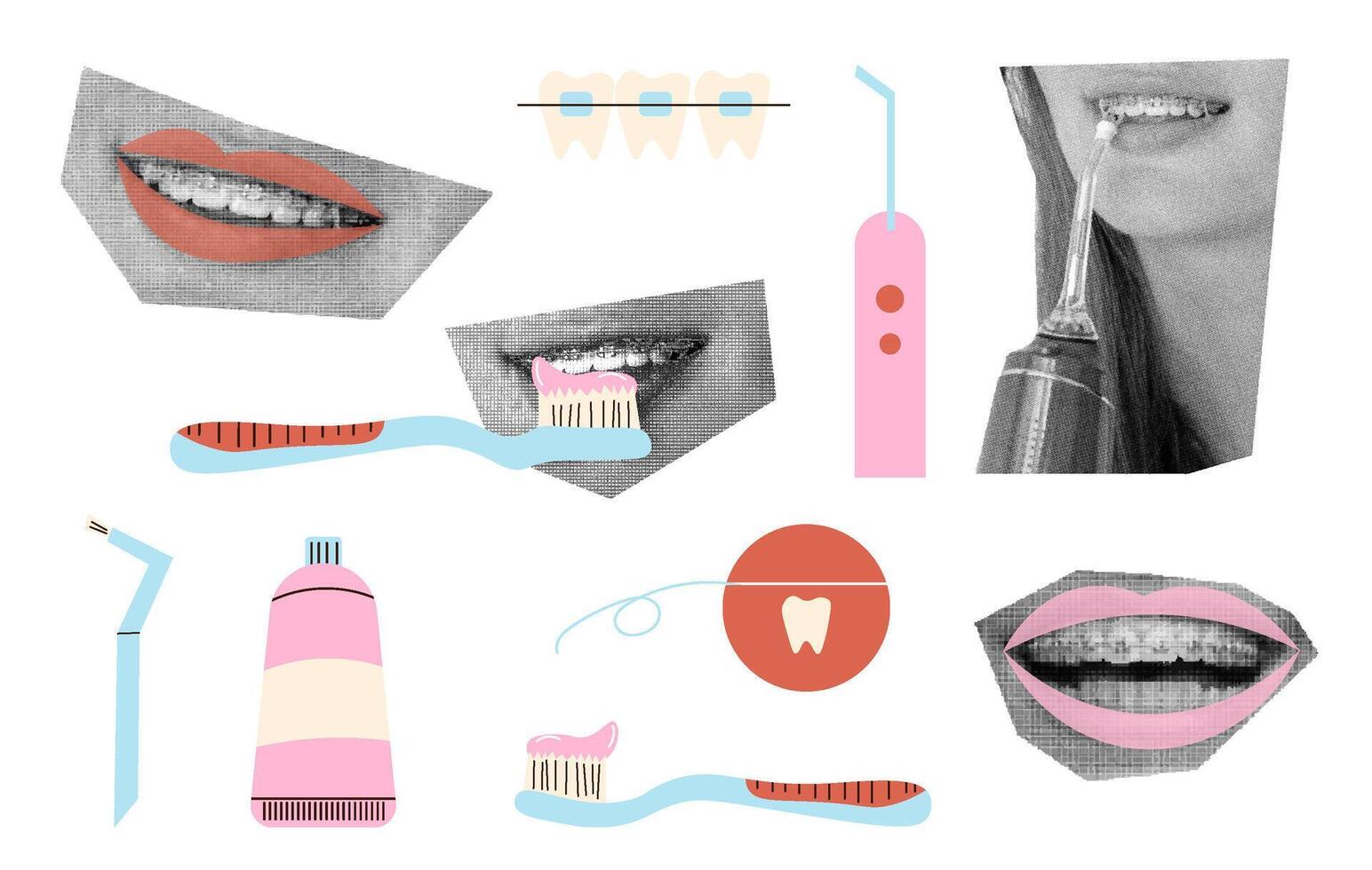 concept of dental treatment and aesthetics, orthodontics and dentistry. halftone collage smile with brackets. collage vector