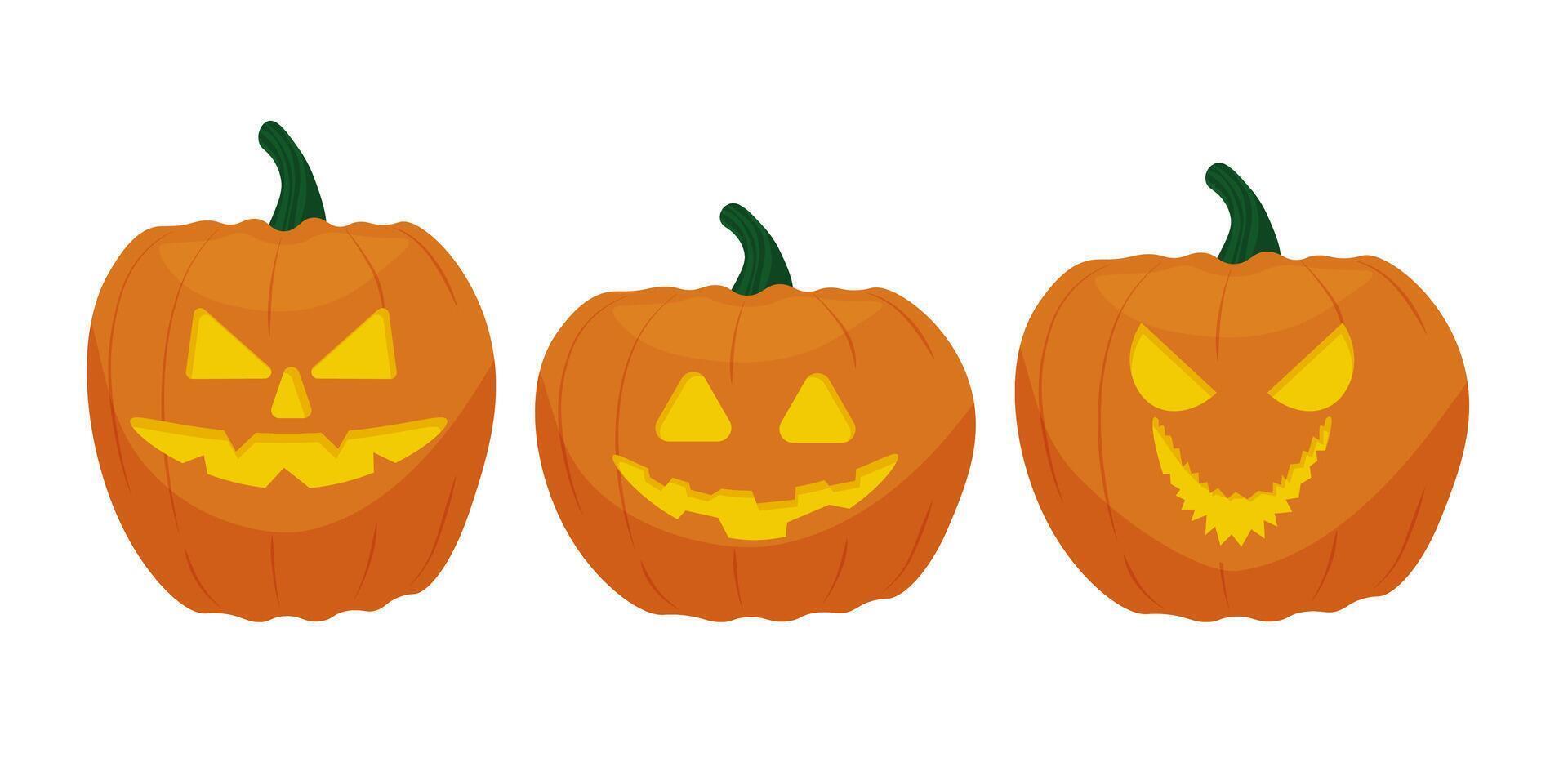 set Angry pumpkins are highlighted on a white background. Pumpkins with a scary smile. illustration. vector