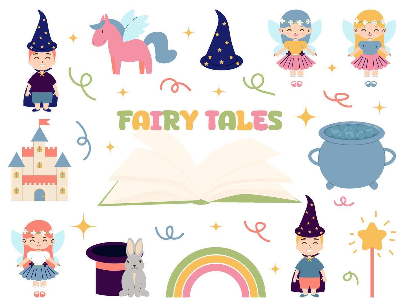 childrens magic elements. cute flat fairy tale characters. illustration vector