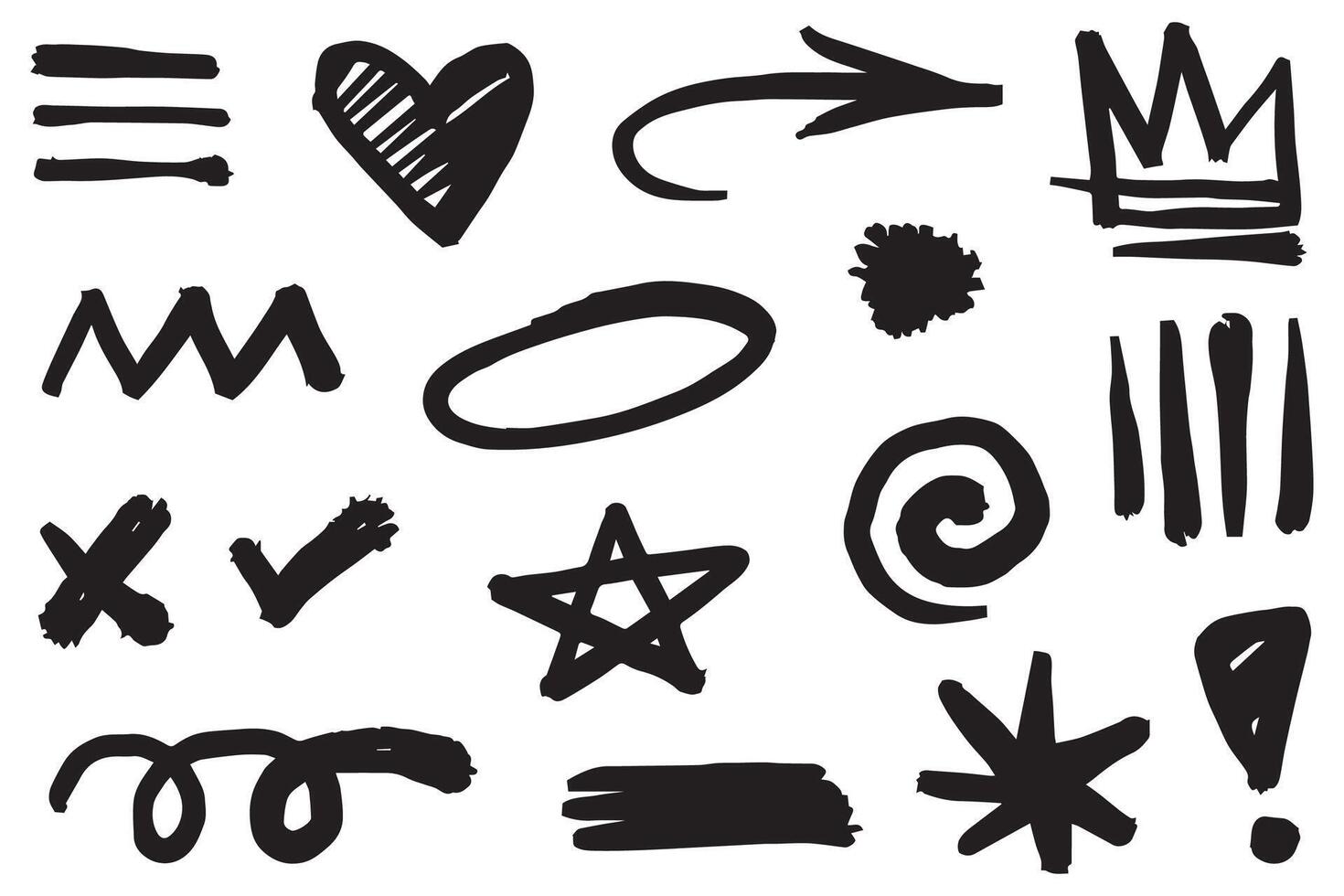 Doodle set of hand-drawn cartoony expression sign doodle, curve directional arrows, emoticon effects design elements, cartoon character emotion symbols, cute decorative brush stroke lines. vector