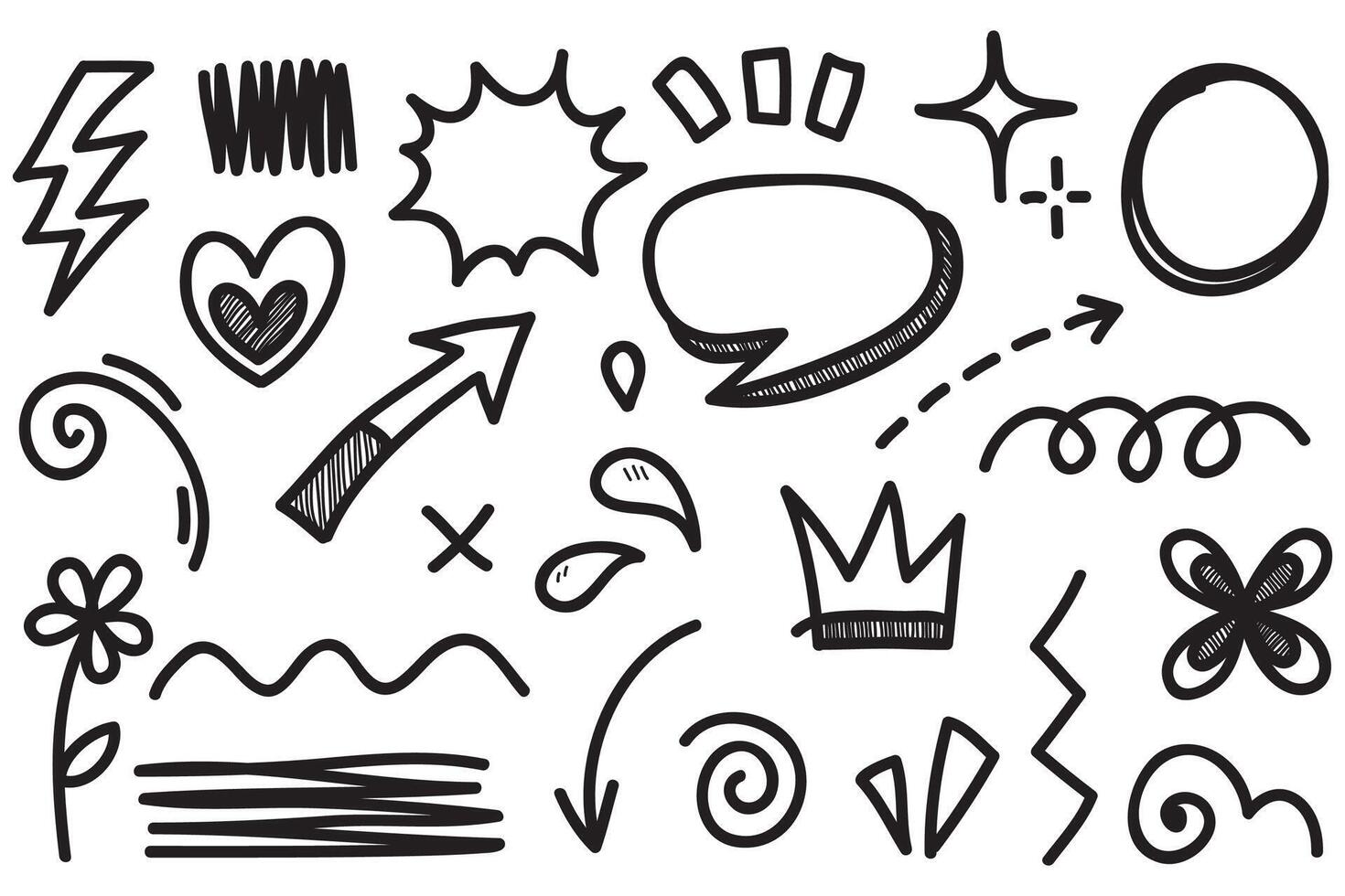 Doodle set of hand-drawn cartoony expression sign doodle, curve directional arrows, emoticon effects design elements, cartoon character emotion symbols, cute decorative brush stroke lines. vector