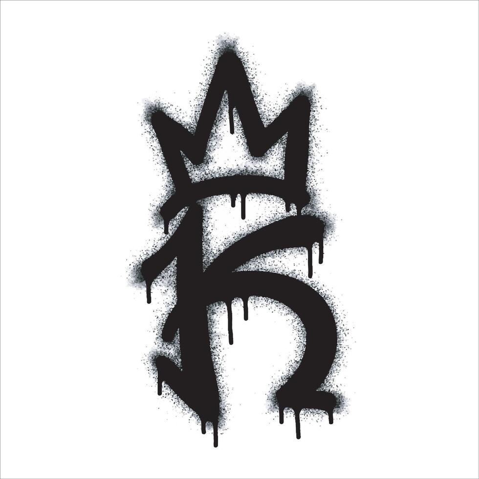 Spray Paint Graffiti font K with crown Sprayed isolated on white background. graffiti font K, oversprayed king symbol in black on white. vector