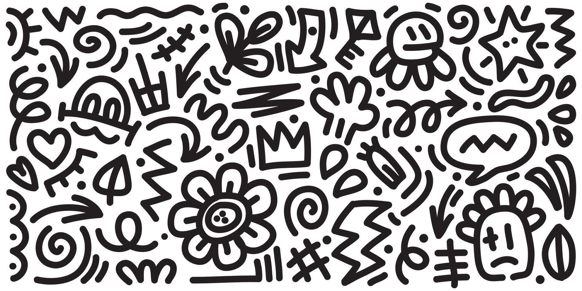 Doodle set of hand-drawn cartoony expression sign doodle, curve directional arrows, emoticon effects design elements, cartoon character emotion symbols, cute decorative brush stroke lines. vector