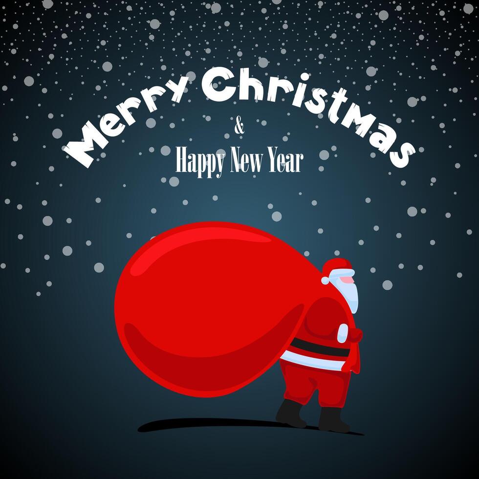 Santa Claus cartoon character coming and carries large heavy gifts red bag. Merry Christmas and Happy New 2025 year holiday greeting card on night snowy background. Celebration calendar postcard. Eps vector