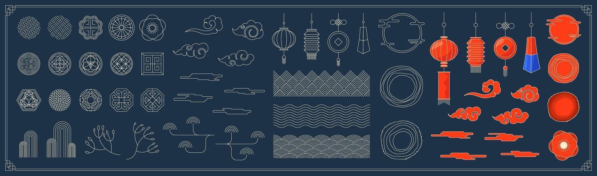 Chinese traditional decoration element set. Korean and Japanese decor pattern and lantern signs. Asian moon flower and cloud symbols. Oriental style folk ornament collection concept for holiday banner vector