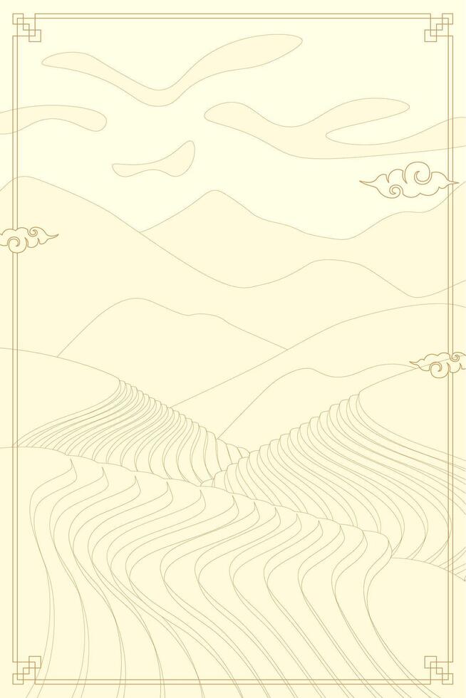 Rice field banner. Chinese agricultural terraces in hills landscape. Oriental rural farmland paddy scenery. Terraced farmer cultivation meadow pattern. Asian agriculture cascade plantation eps poster vector