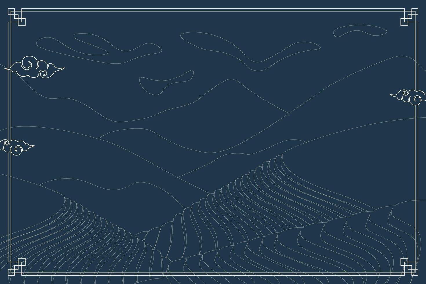 Rice field banner. Chinese agricultural terraces in mountains landscape. Oriental rural farmland paddy scenery. Terraced farmer cultivation meadow pattern. Asian agriculture cascade plantation poster vector