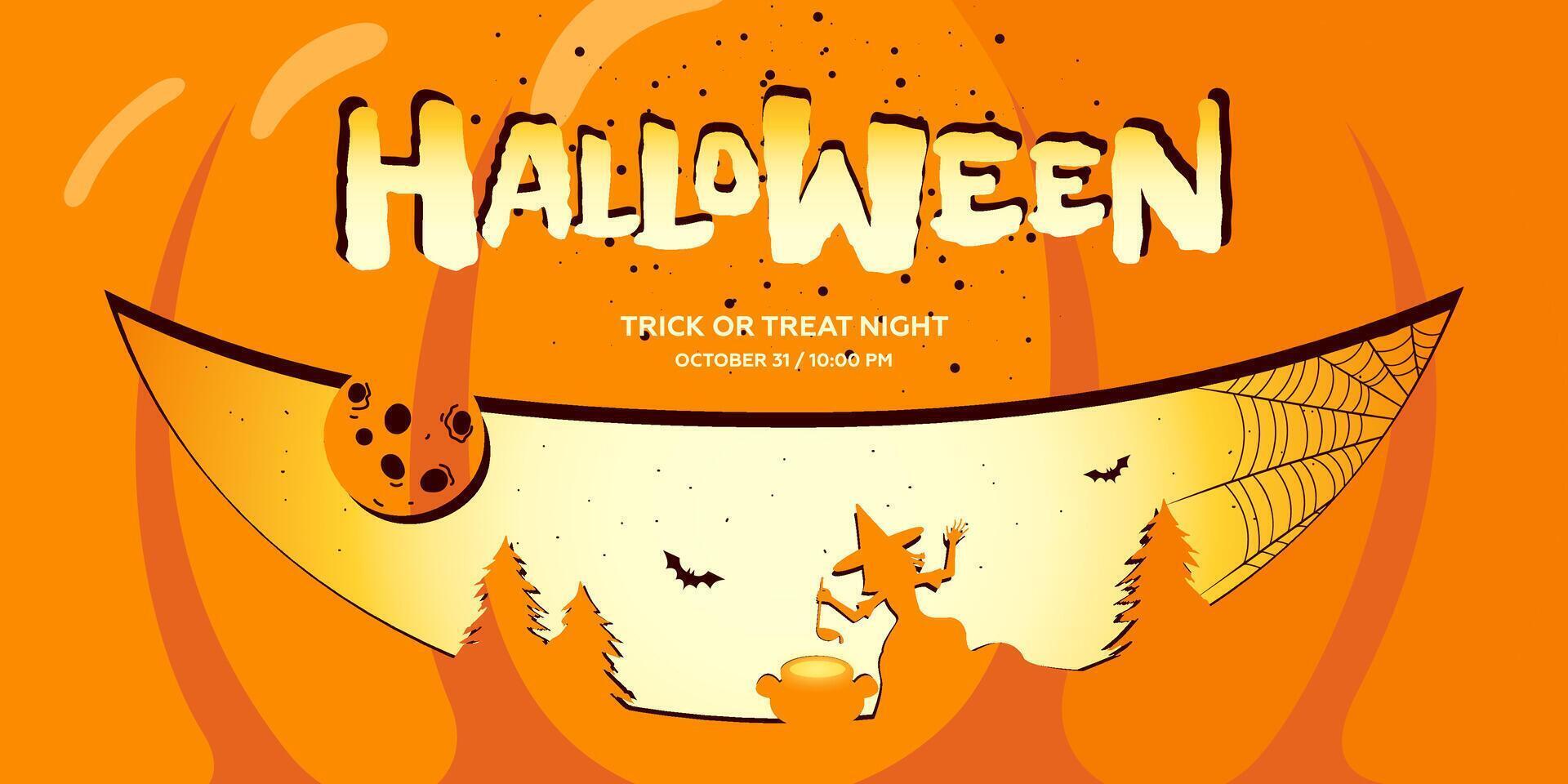Happy Halloween party horizontal banner for October holiday. Creepy carved smiley face on orange Jack O Lantern pumpkin background. Witch and cauldron silhouette in forest. All Saints Night eps print vector