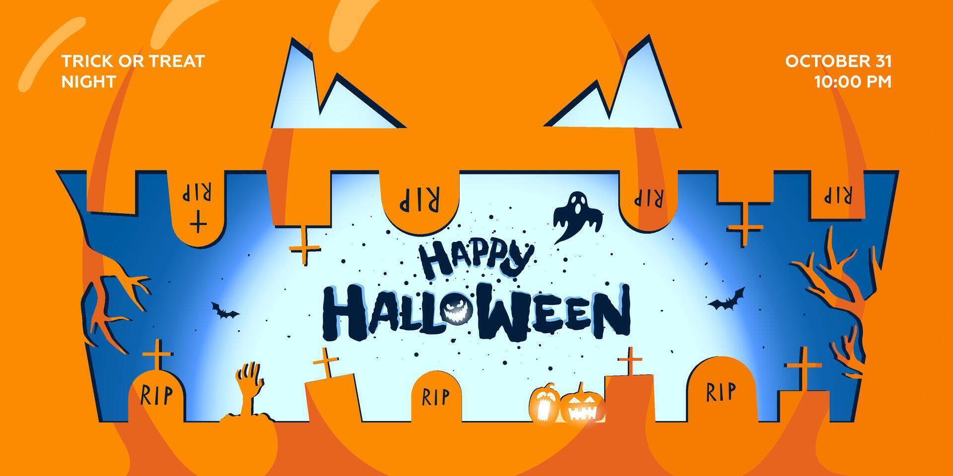 Happy Halloween party horizontal banner for October event. Scary smiling carved face on orange Jack O Lantern pumpkin background. Night cemetery silhouette with graves. Trick or Treat holiday print vector