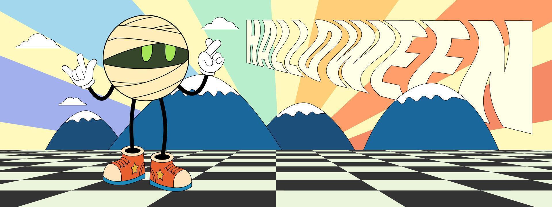 Retro groovy Happy Halloween party art horizontal banner. Mummy holiday character on crazy hippy background. Hippie abstract October 31 festive event eps flyer. Trendy y2k pop design concept vector