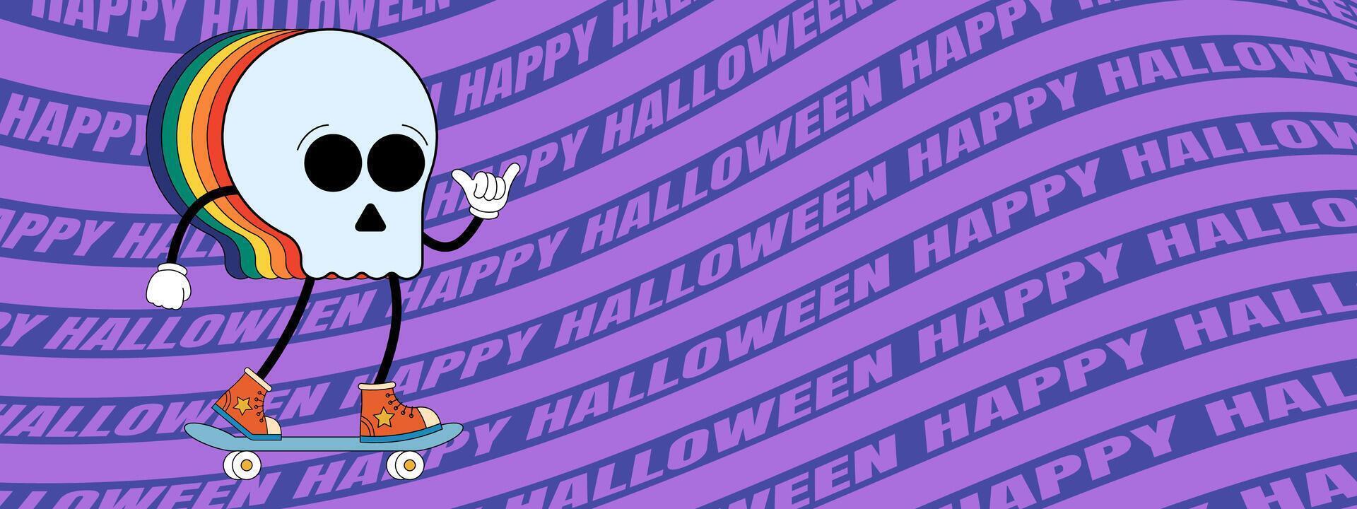 Retro groovy Happy Halloween night party art horizontal banner. Funky skull holiday character on crazy hippy background. Psychedelic hippie abstract print. Trendy y2k pop eps design vector