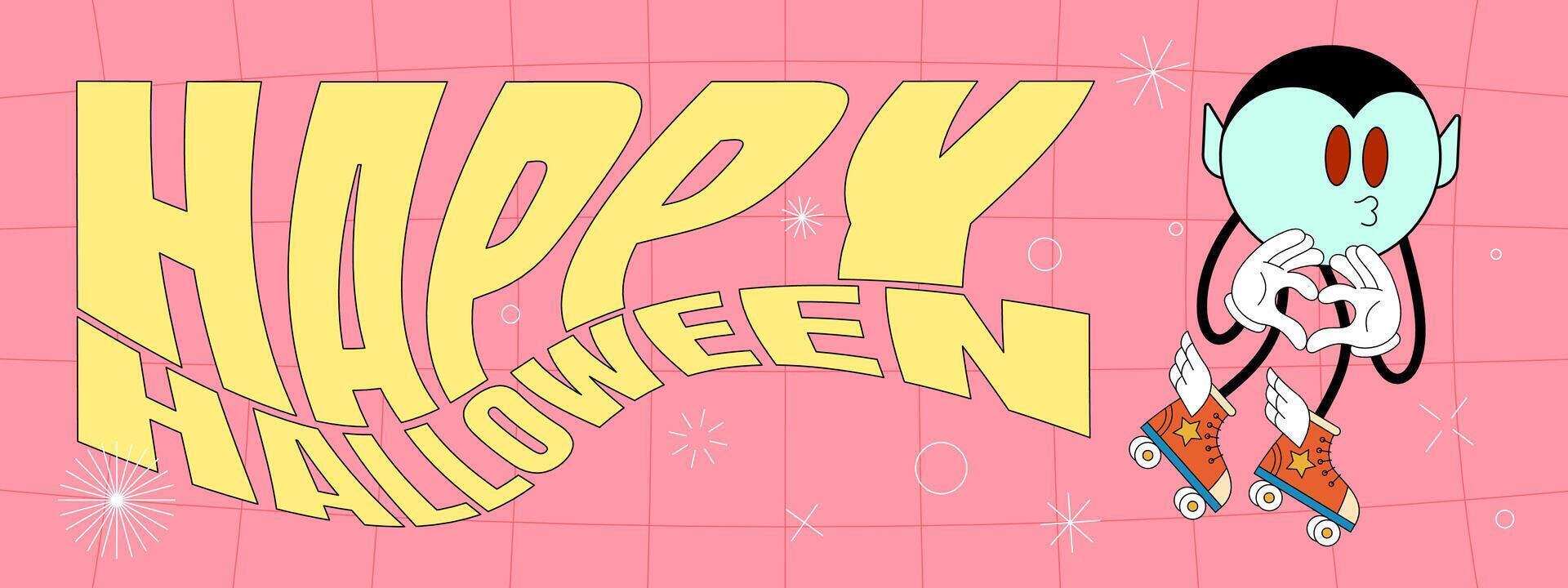 Retro groovy Happy Halloween party art horizontal banner. Vampire holiday character on crazy hippy background. Hippie abstract October 31 festive event eps flyer. Trendy y2k pop design concept vector