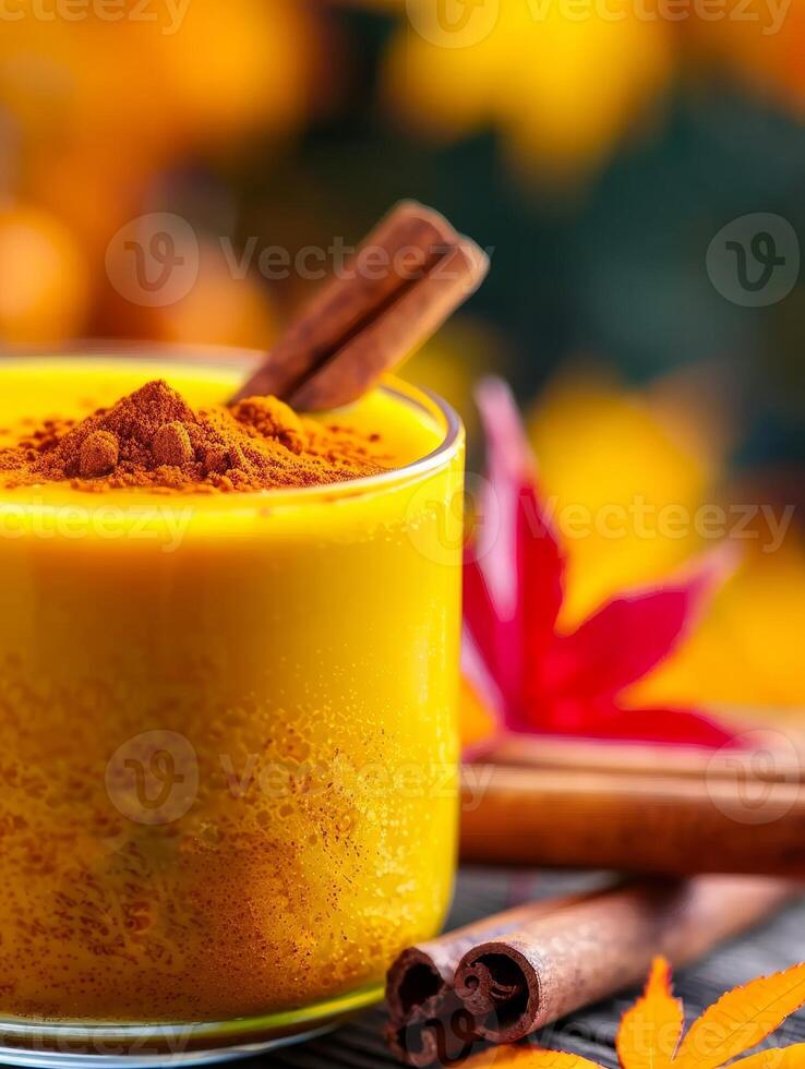 warm autumn spice drink with cinnamon sticks and ground cinnamon in glass. photo