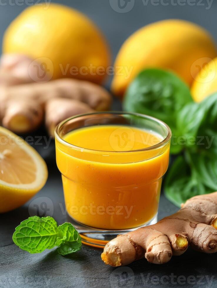 freshly made ginger and lemon juice, close-up view in glass on black background. photo