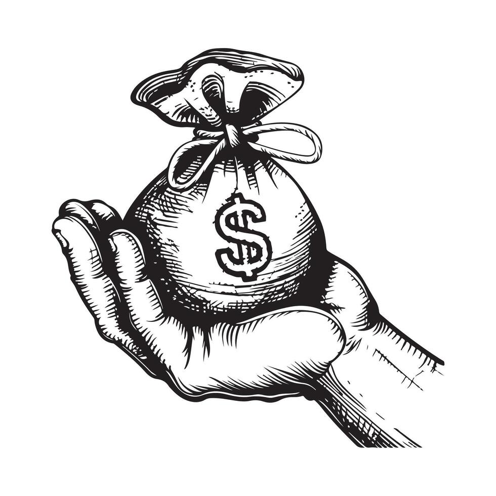 Illustration of a Hand Holding a Burlap Bag with Dollar Sign in Black and White vector