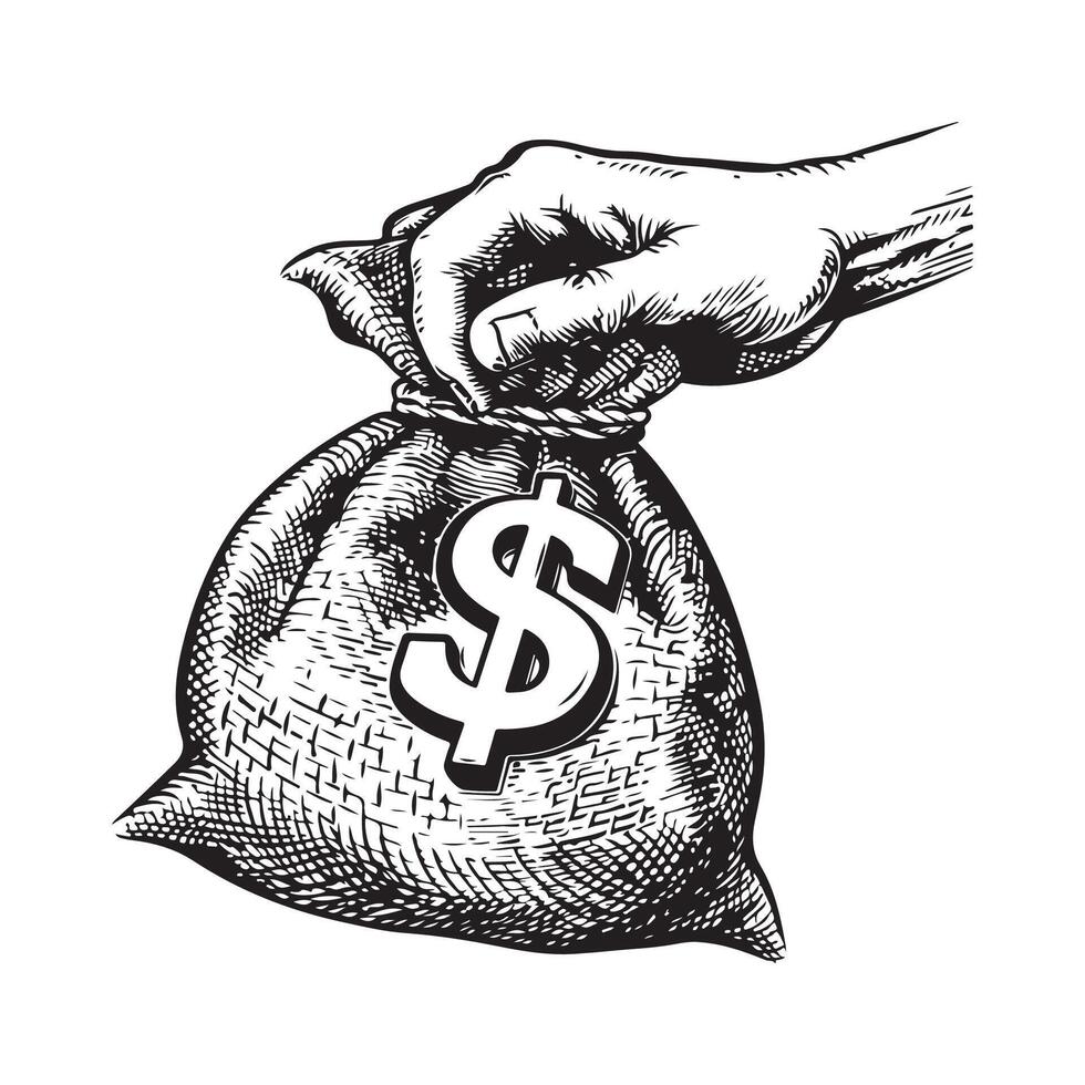 Illustration of a Hand Holding a Burlap Bag with Dollar Sign in Black and White vector