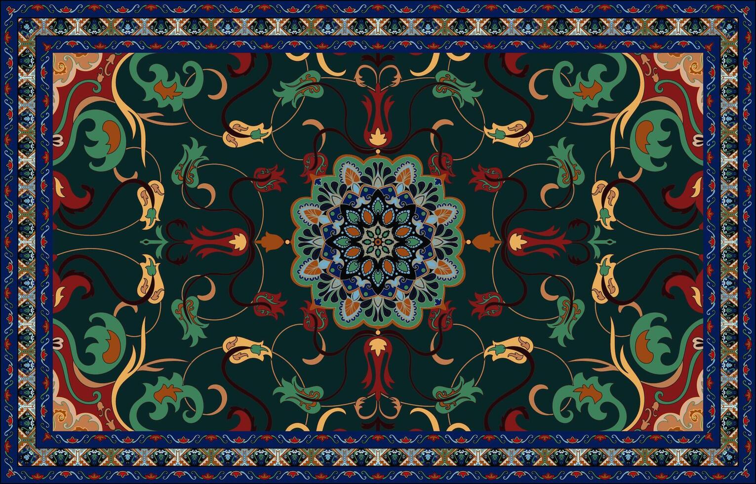 Asian flower carpet, green and blue carpet Abstract Flower Prayer Mat vector