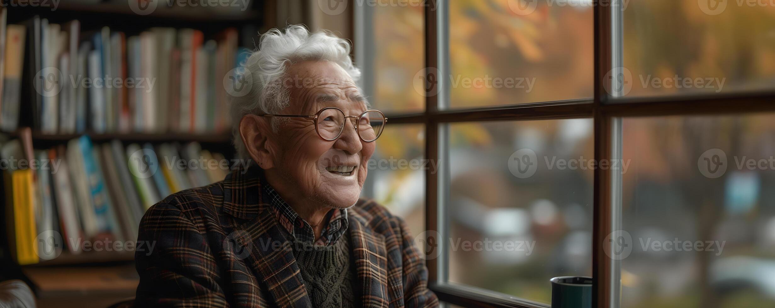 Senior man with a joyful expression sitting by the window photo