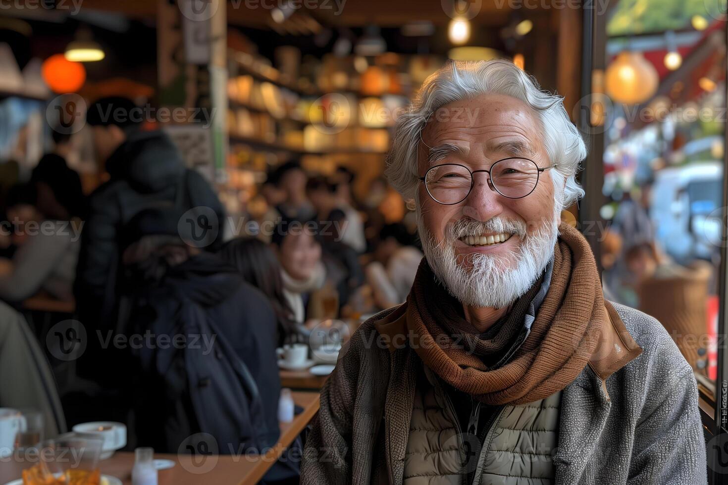 Smiling korean senior man with glasses in a lively cafe environment photo