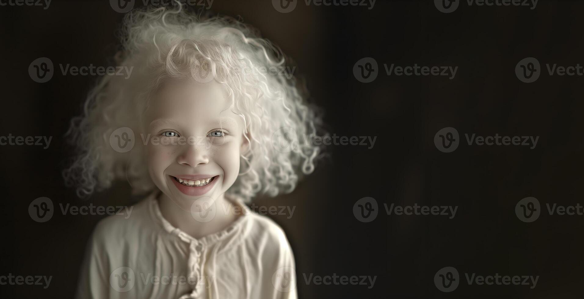 portrait of an albino child with blond curly hair on a black background, space for text photo