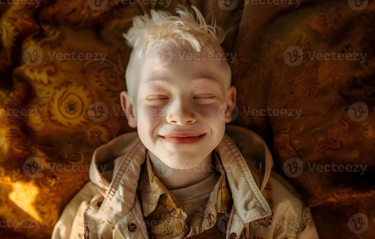 an albino boy with white hair and in a jacket lies on an orange cloth and smiles, rays of sunlight fall on him photo