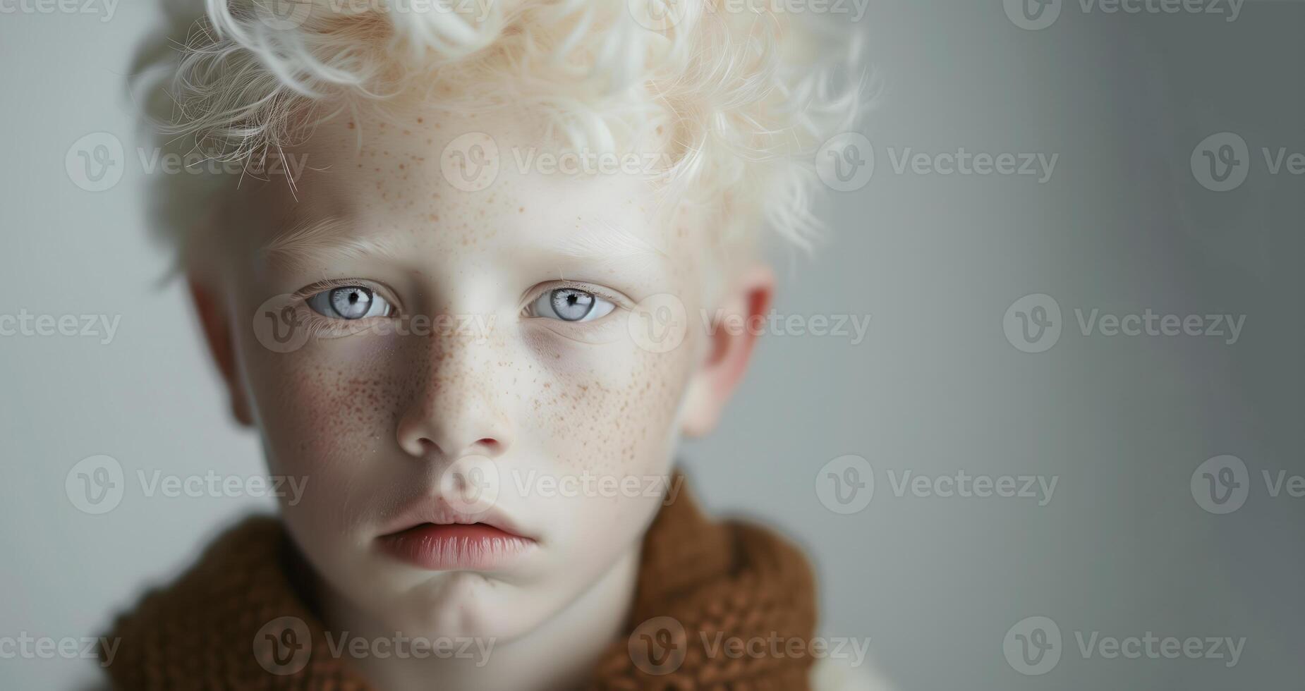 Portrait of a Young Boy With Albinism Wearing a Brown Scarf photo