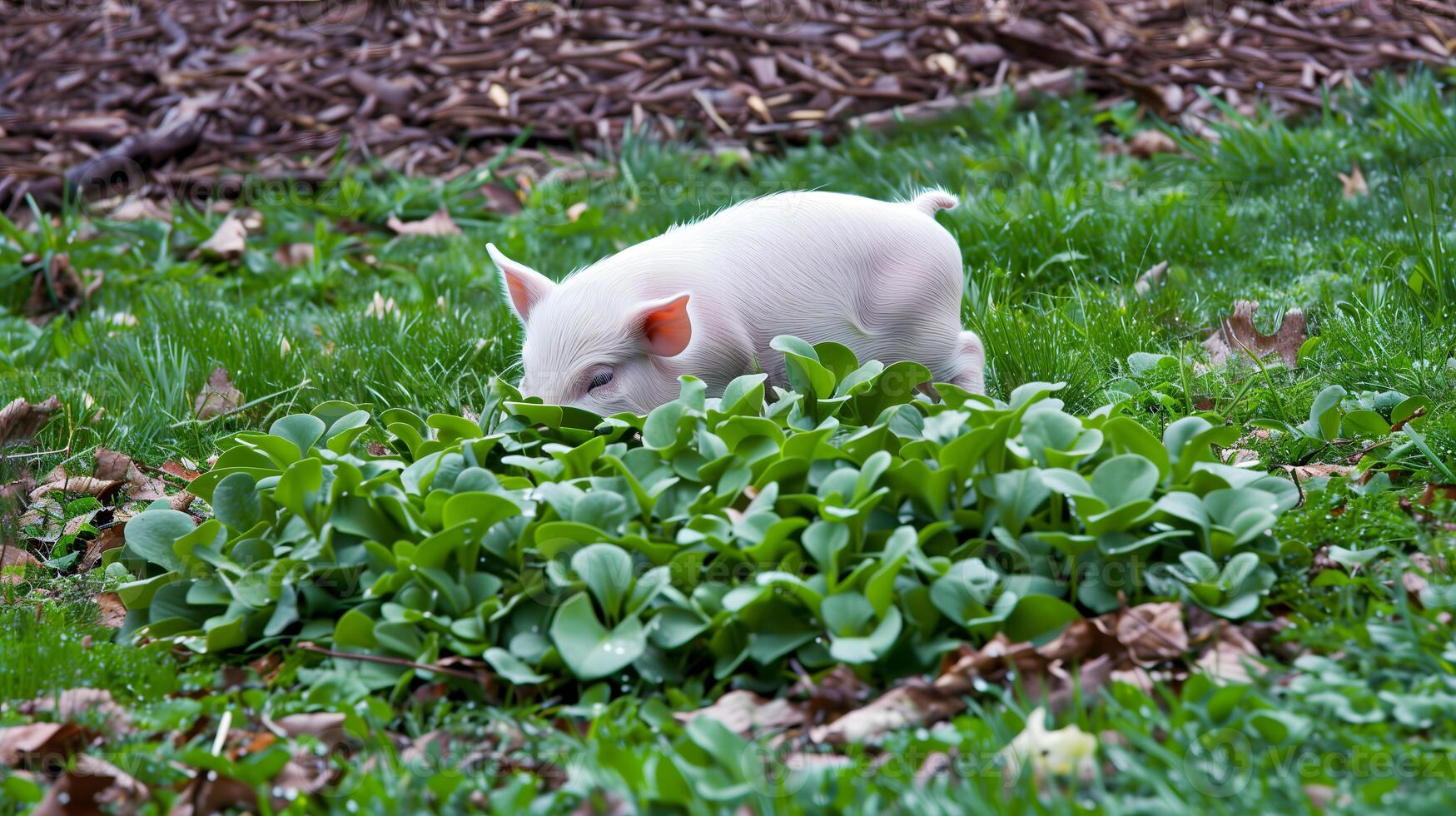 albino pig rummaging in tall green grass photo