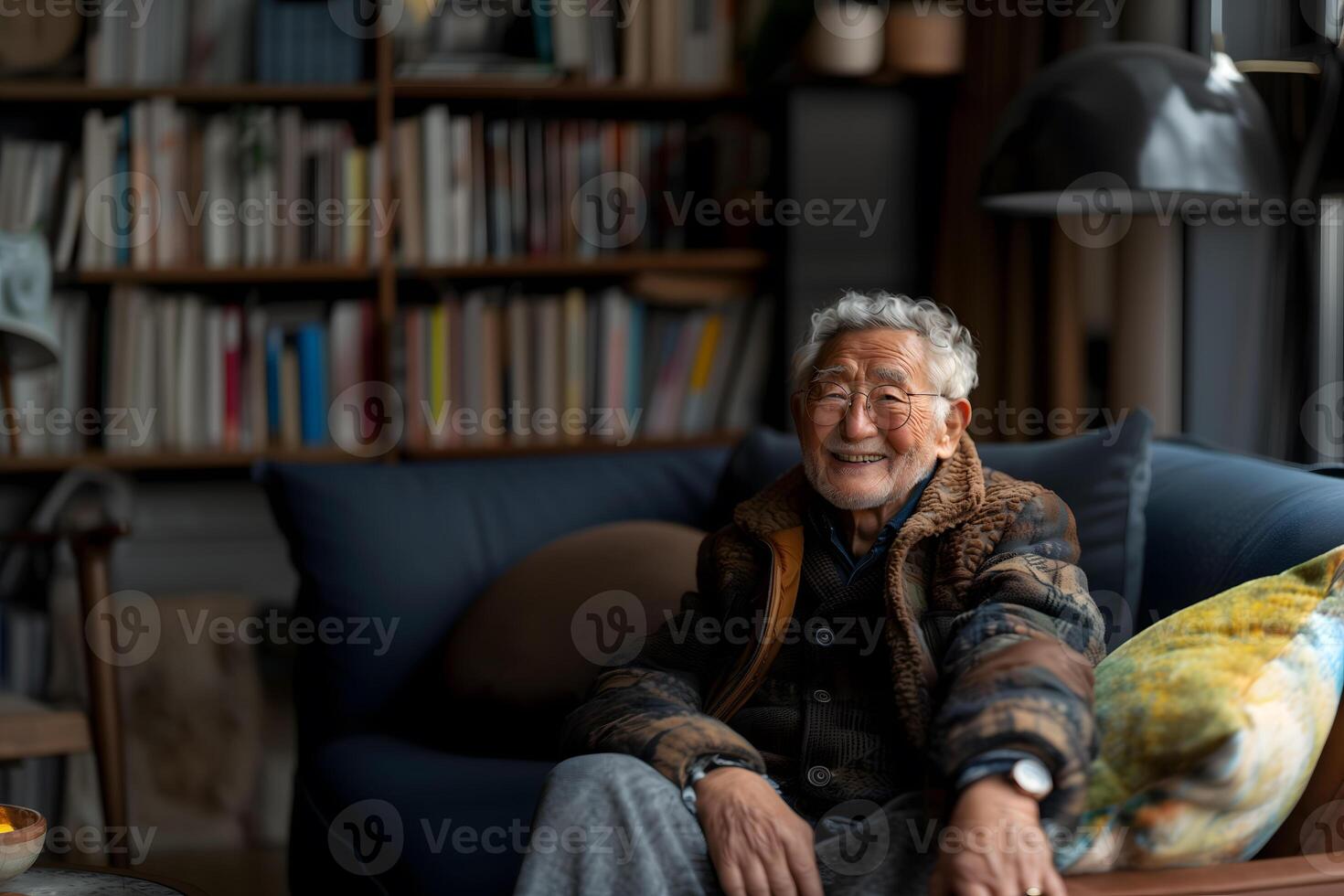 Senior korean man with glasses smiling on a sofa in a book-filled room photo