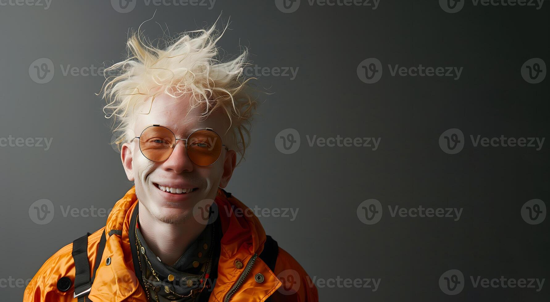 a young albino guy in glasses with blond red sloppy hair wearing orange glasses smiles against the background of a gray wall, space for text photo
