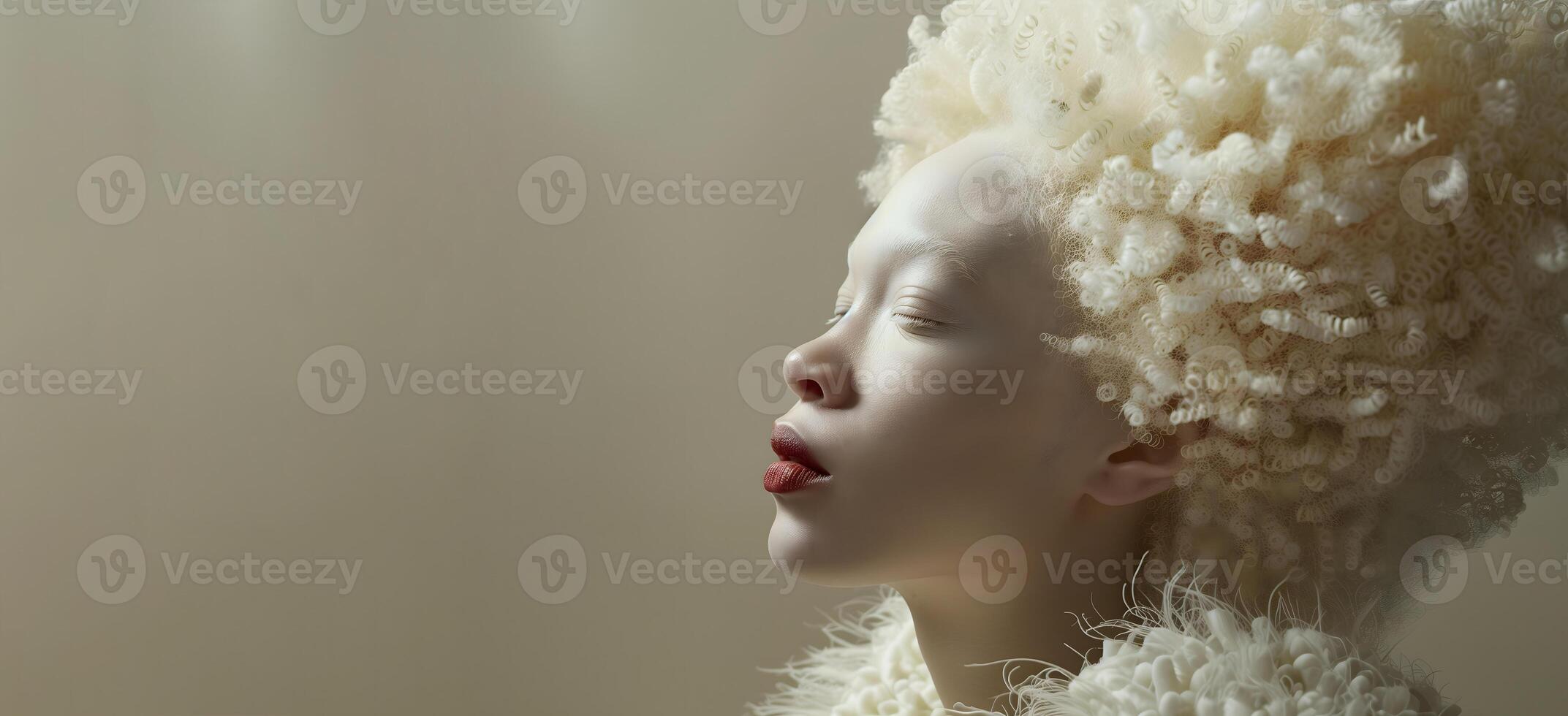 portrait of a young albino girl with blond curly hair on a light background, sunlight falls on her, space for text photo