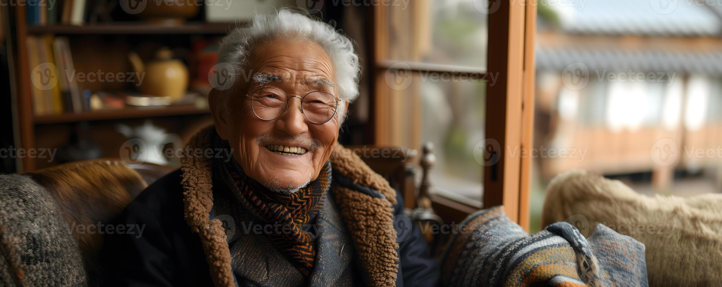 Cheerful korean elderly man in glasses relaxing at home photo