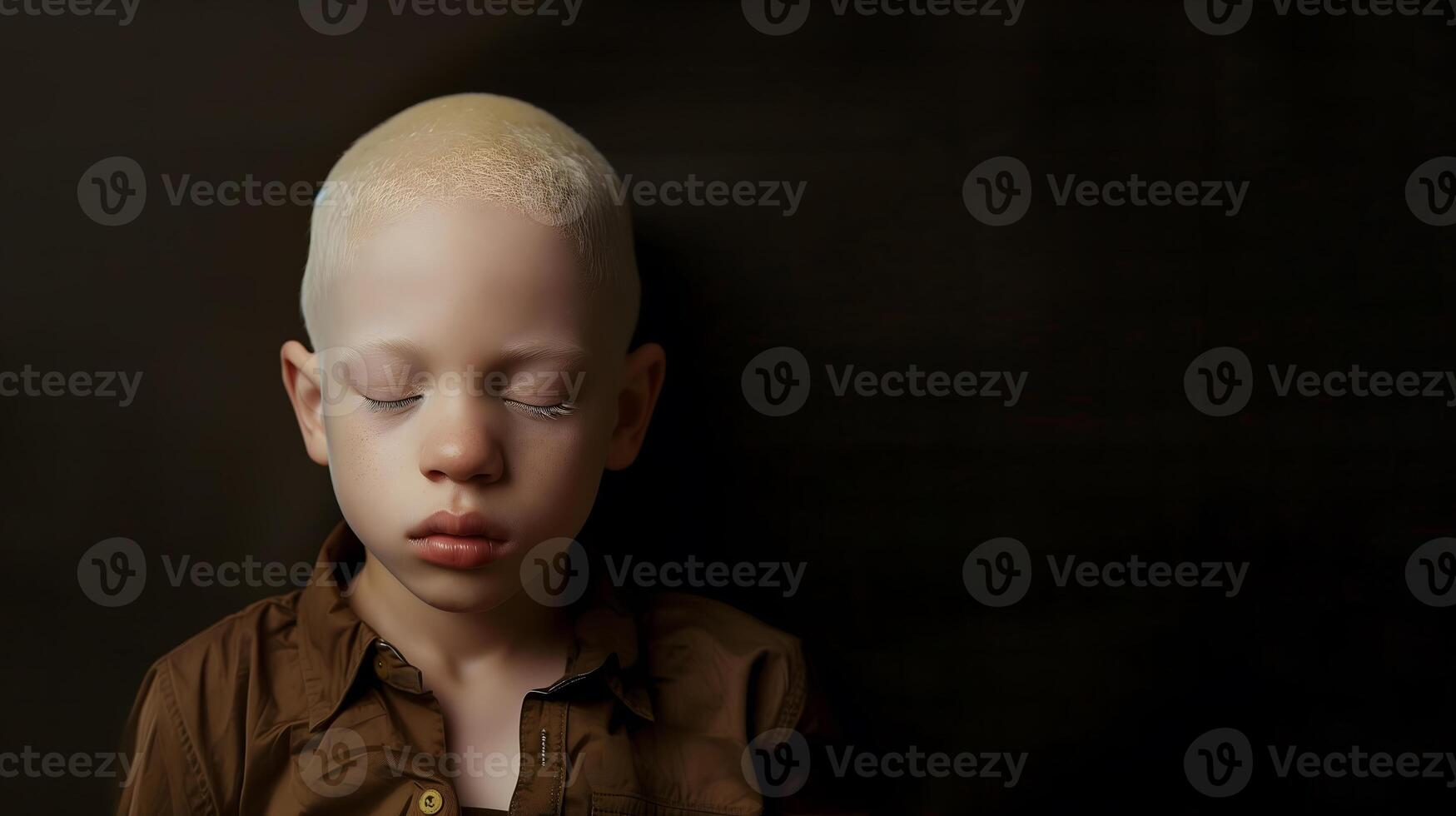 Close-up portrait of a young albino boy with eyes closed, highlighting his serene expression and delicate features photo