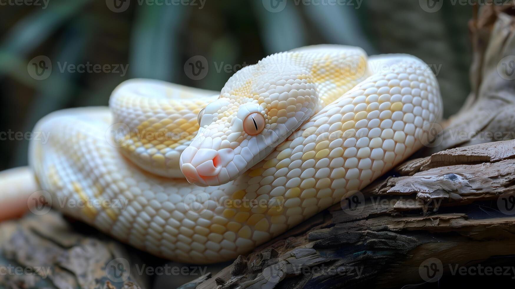 an albino snake with yellow eyes lies curled up on a tree photo