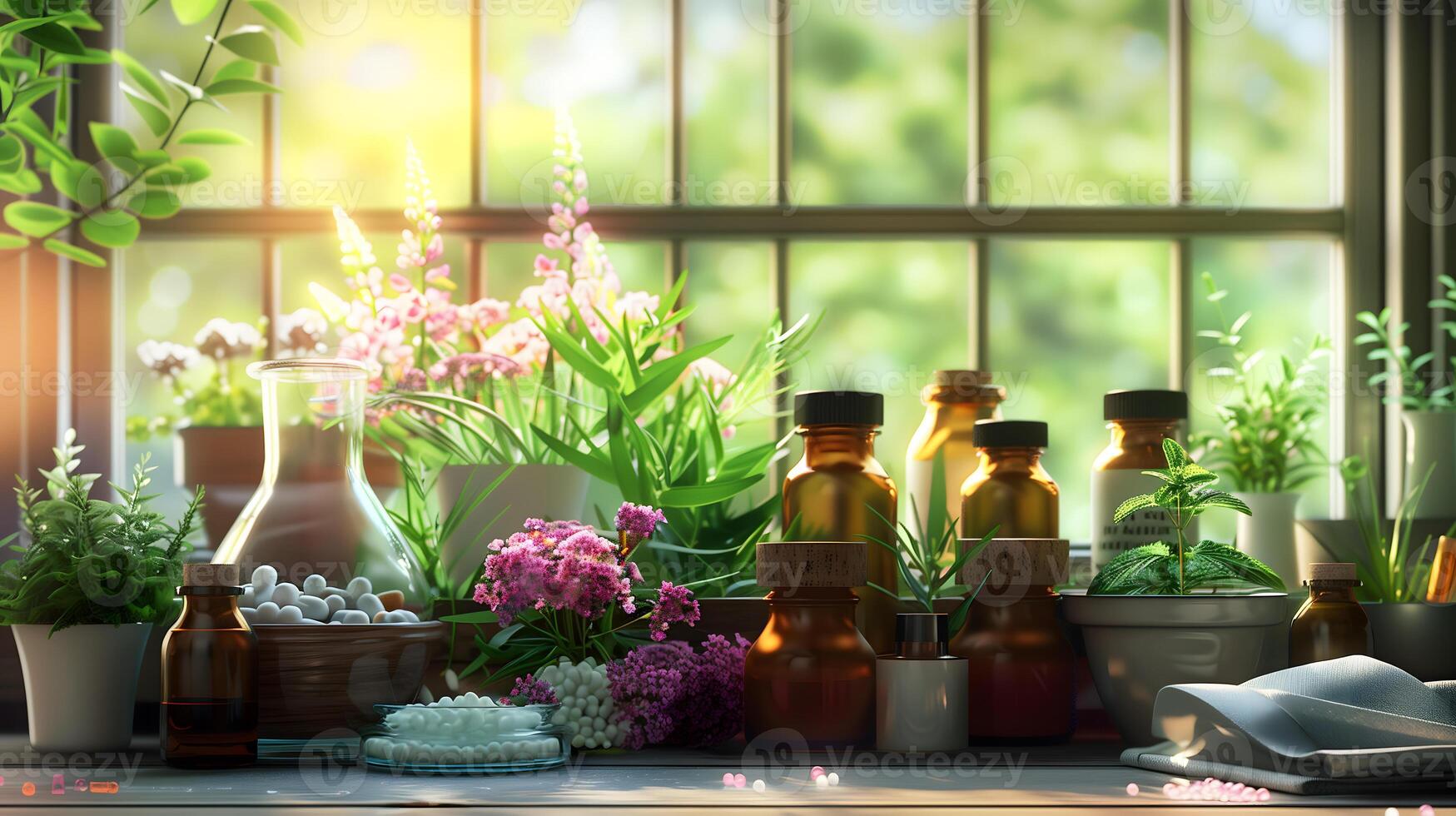 homeopathic laboratory with large windows, on the table there are jars of drugs and medicinal plants photo