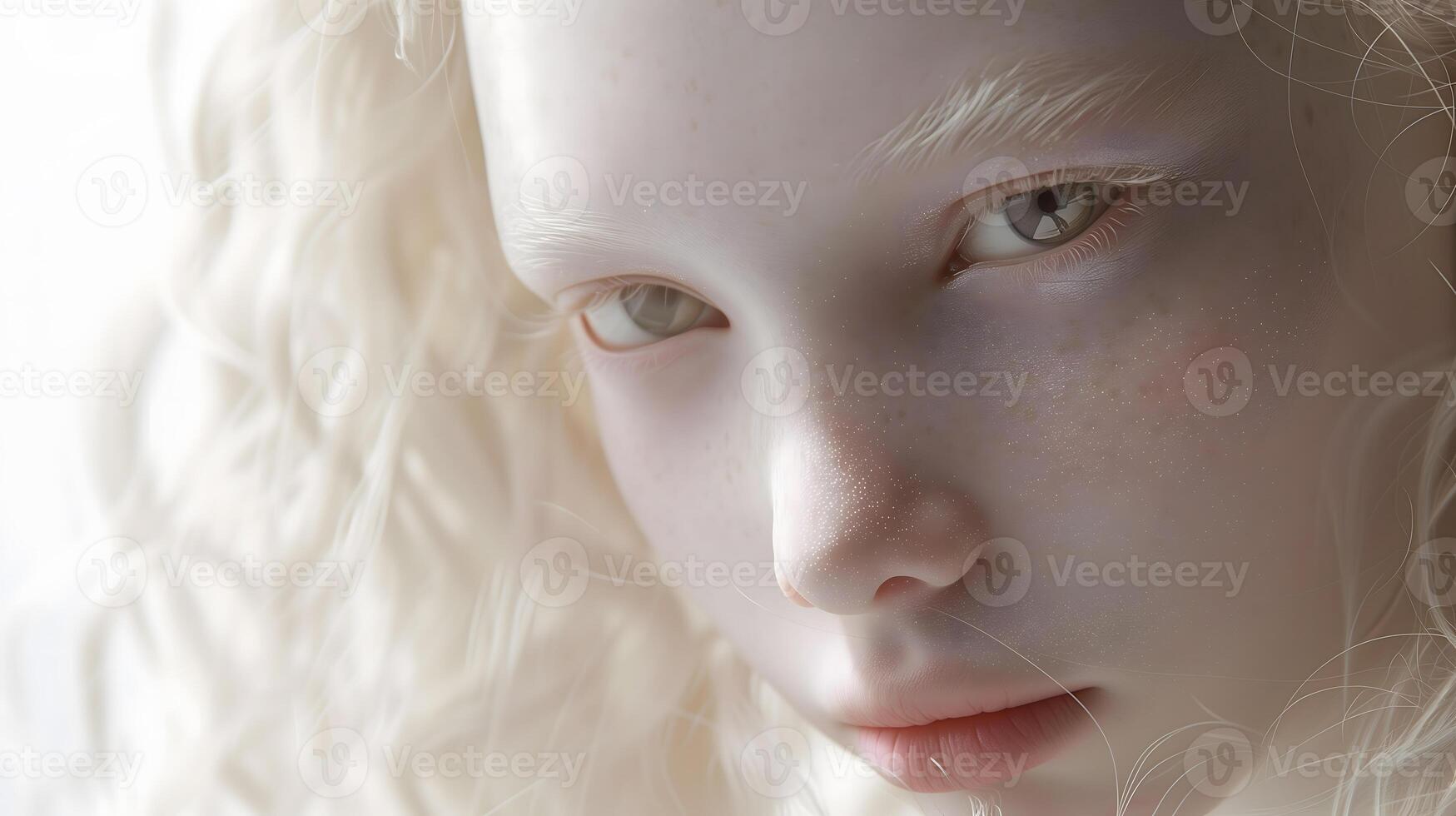 Close Up Portrait of a Young Woman With Albinism and Blonde Curly Hair photo