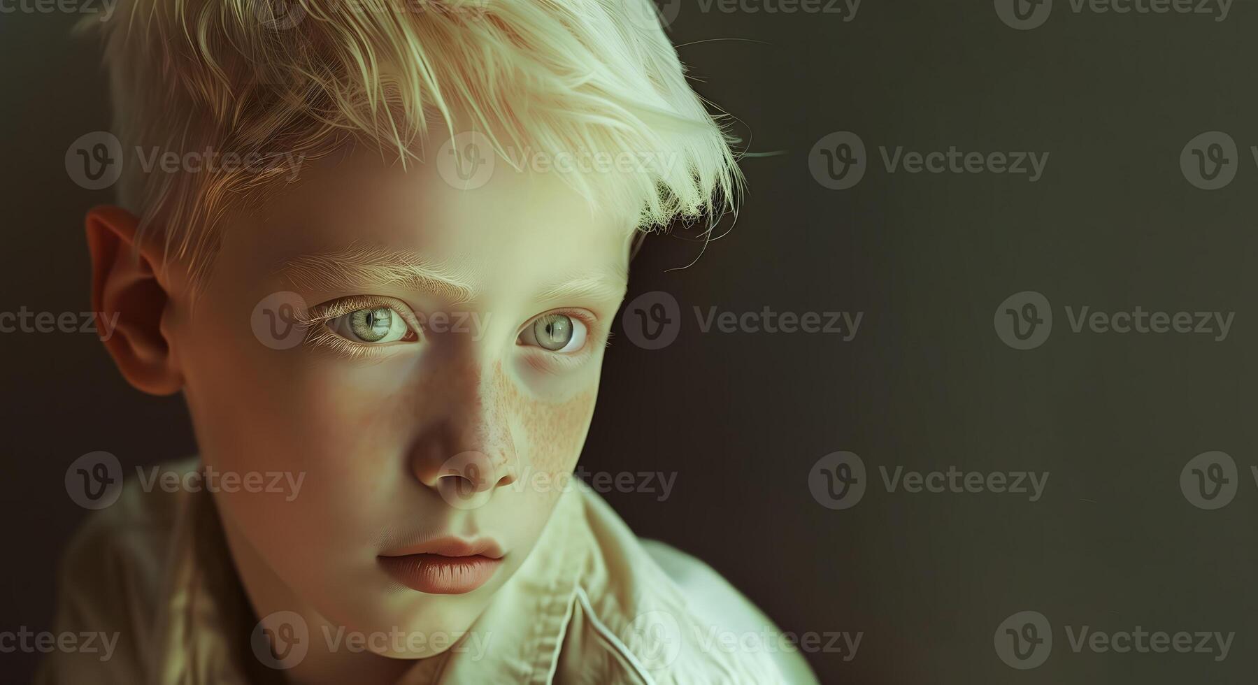 albino boy with white hair and light eyes against a gray wall, space for text photo