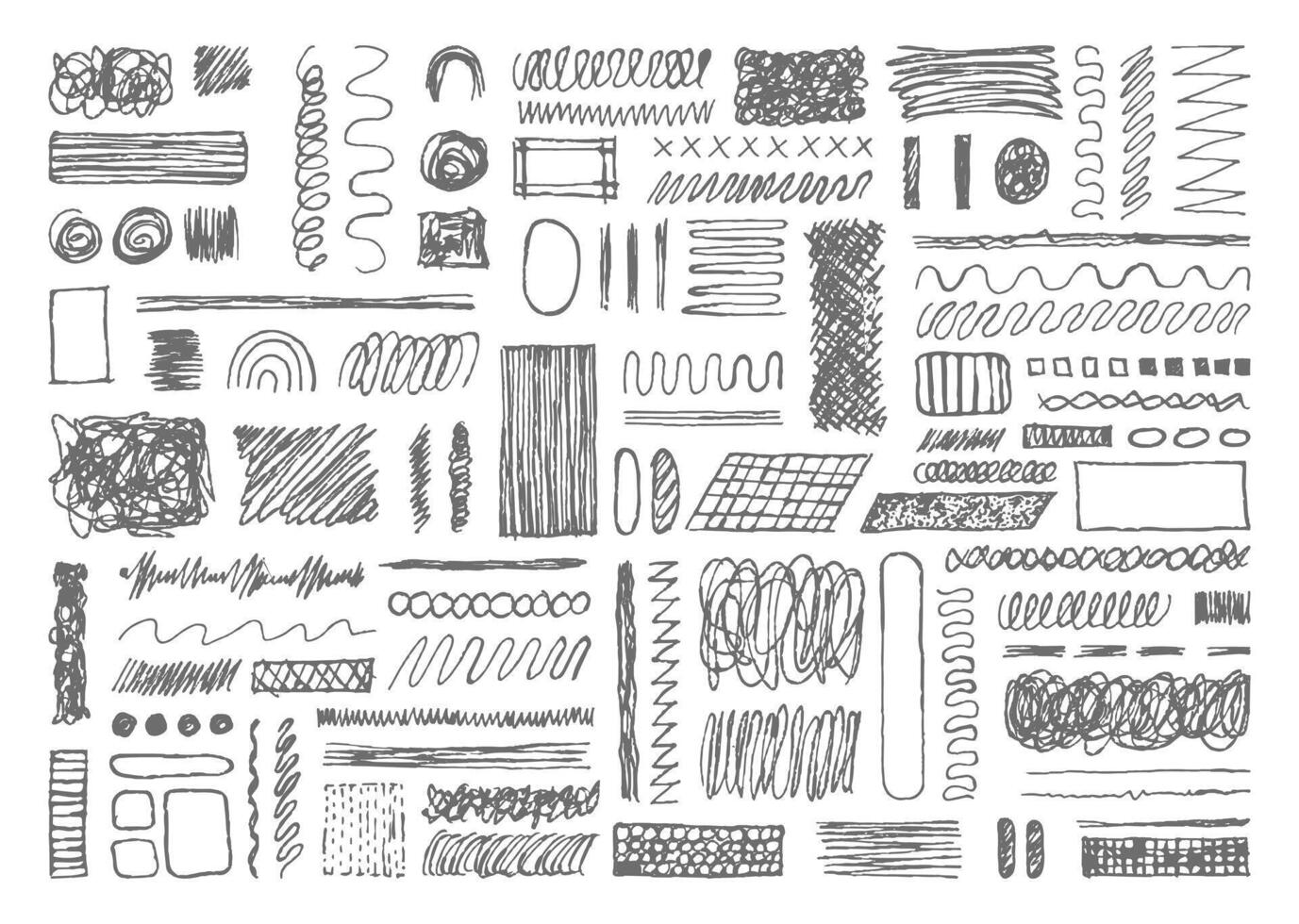 Abstract pencil scribble element bundle. Circle, wavy, straight lines, square, oval, zigzag, and rectangular shapes pen stoke. vector