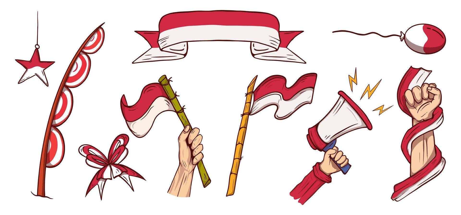 handdrawn Indonesia Independence Day Illustration set vector