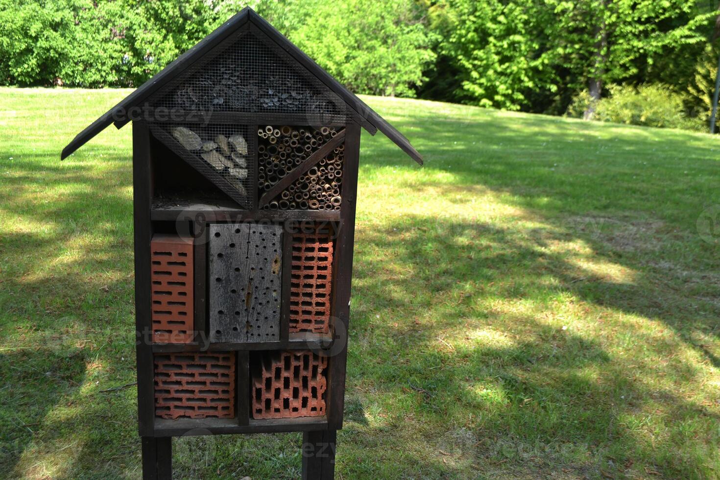Insect hotel placed by the side of a street. House for wild insects in the park. photo