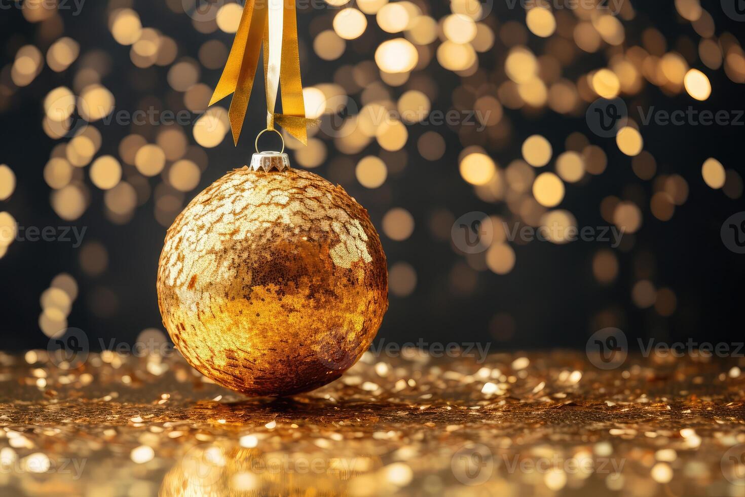 Golden Christmas tree toy ball with festive confetti on a yellow bokeh background. photo
