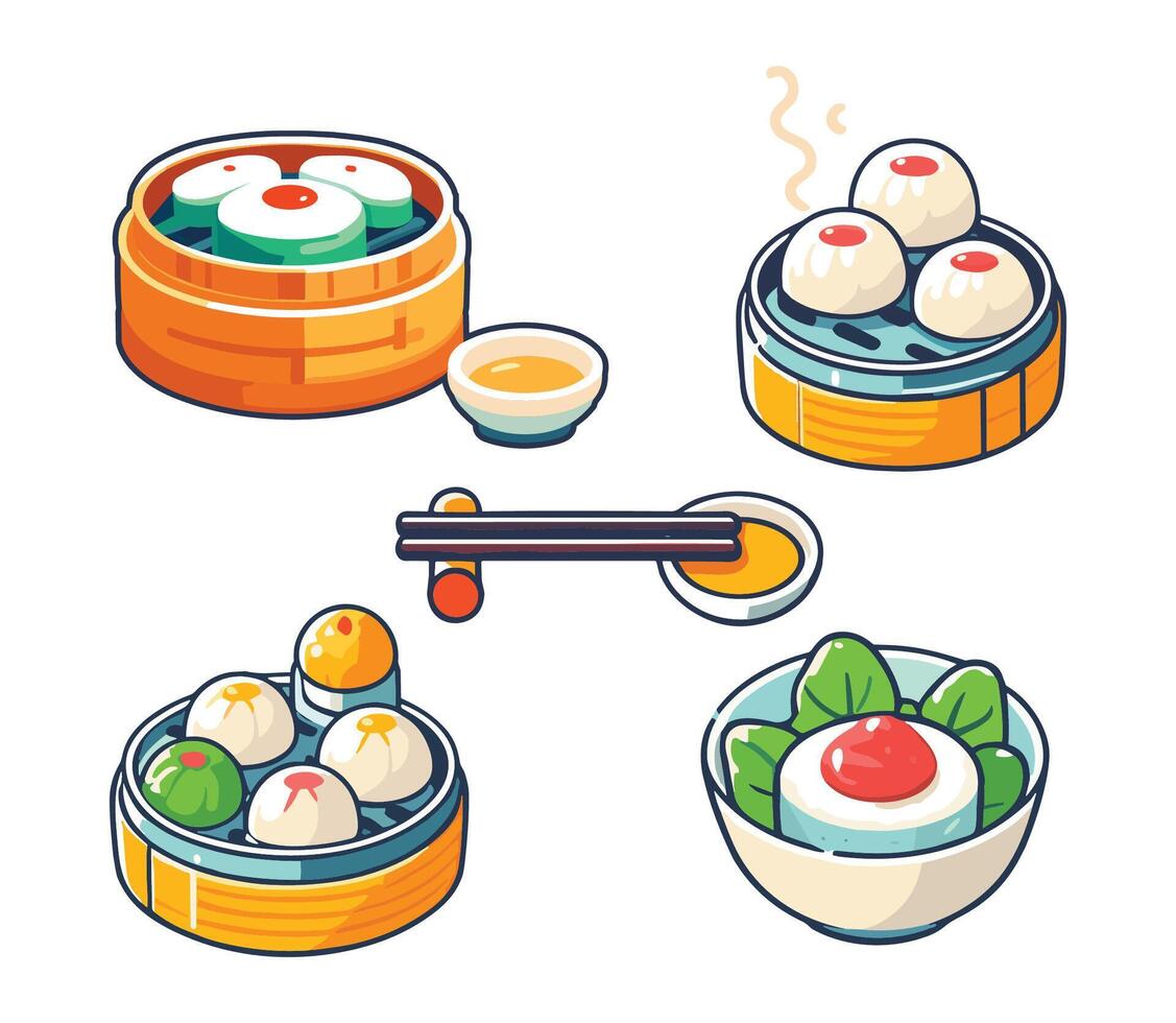 Variety of Steamed Asian Dim Sum Dishes vector