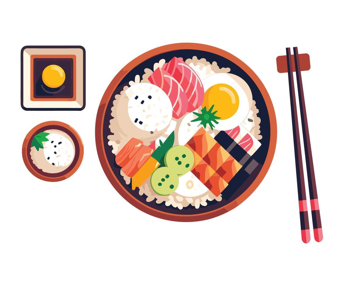 Japanese Sushi Rice Bowl with Chopsticks vector