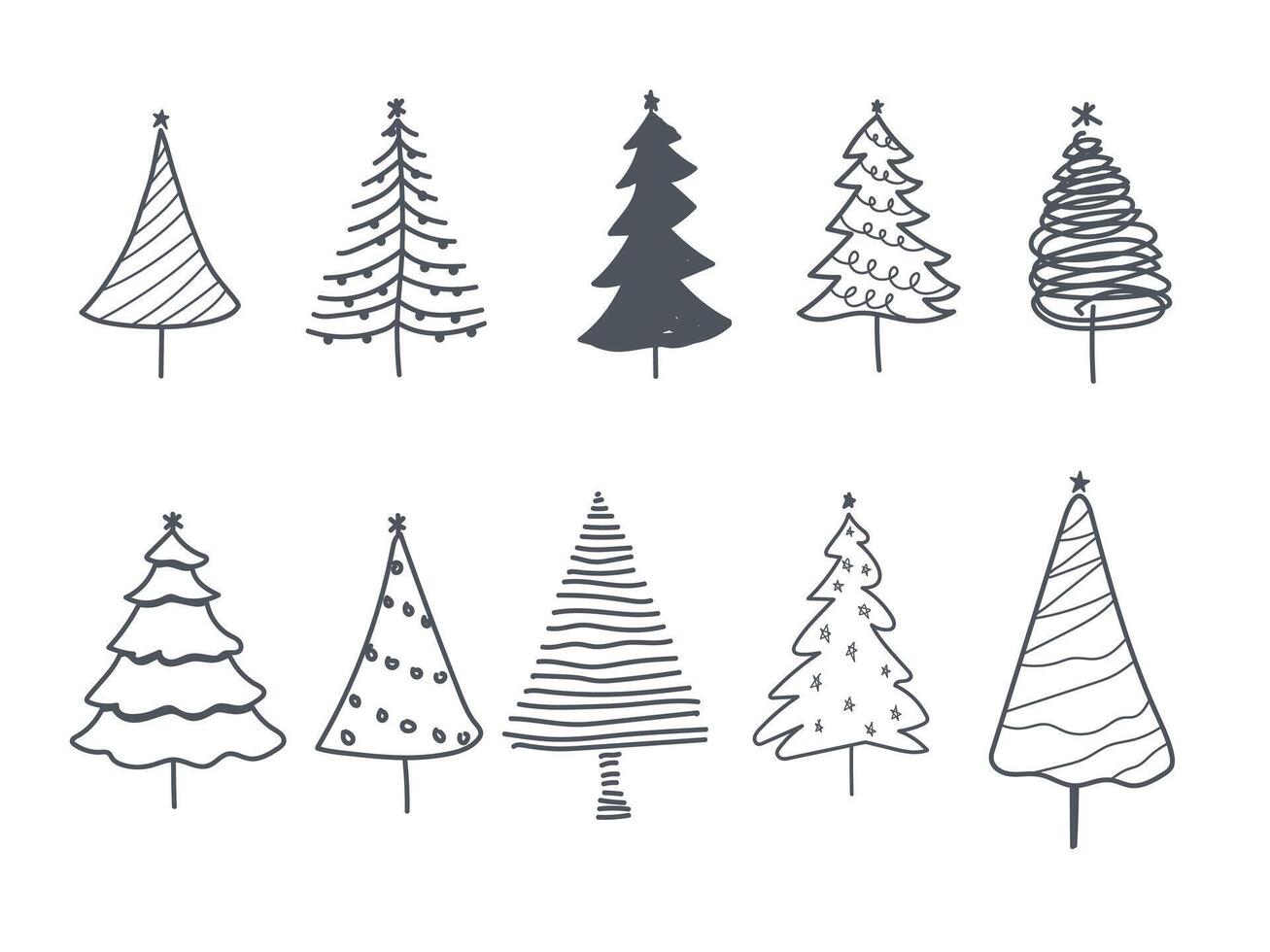 Abstract hand drawn set of Christmas trees. New year holidays background vector